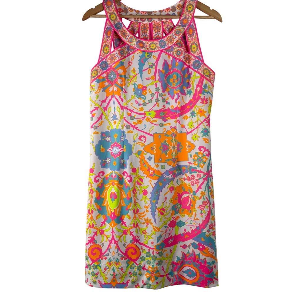 Gretchen Scott Pink Orange Psychedelic Floral Cage Neck Shift Dress Large